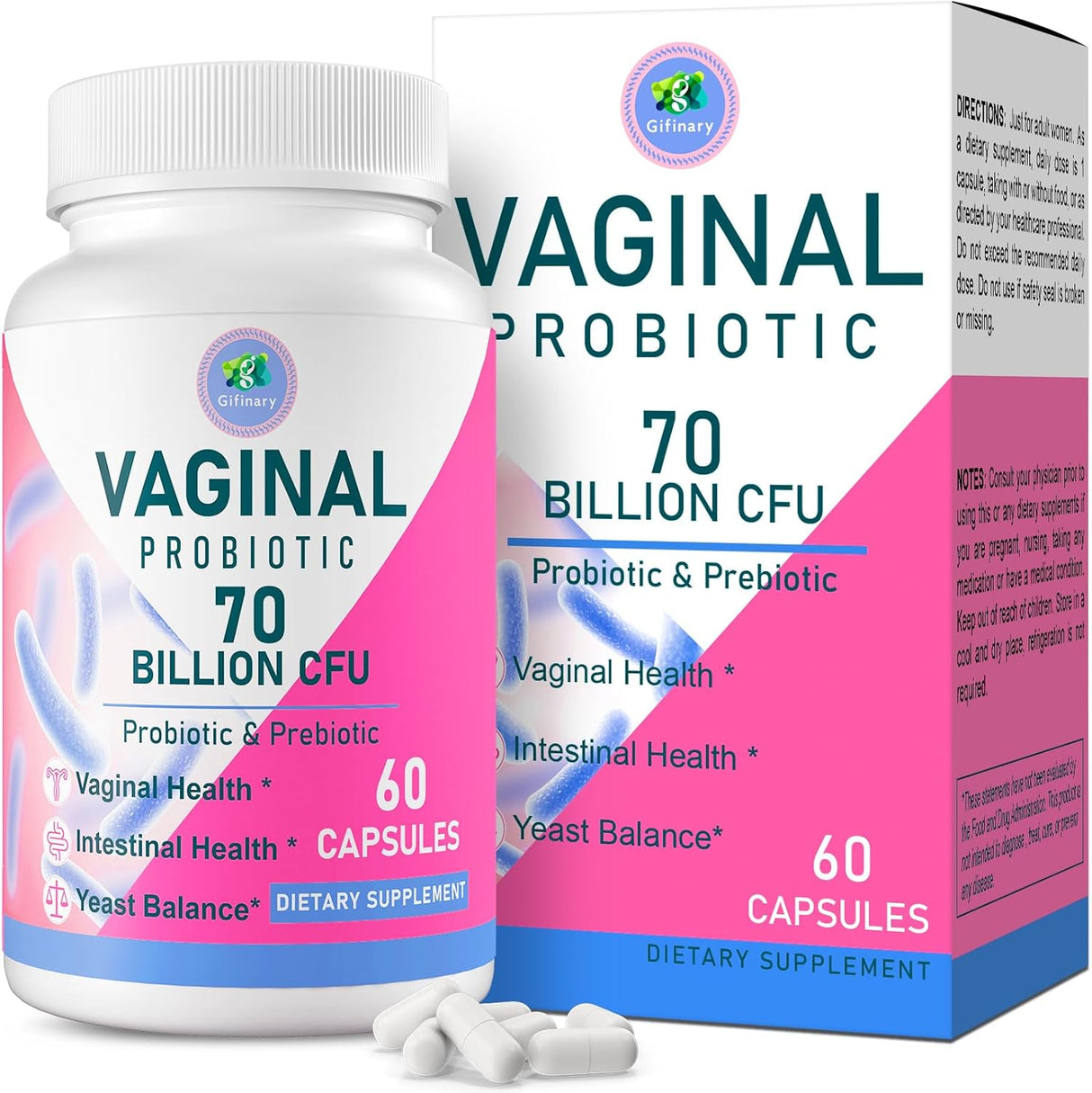 Probiótico vaginal mujer, 70B CFUs, equilibrio pH, prebiotico, D-Mannosa, 60 caps