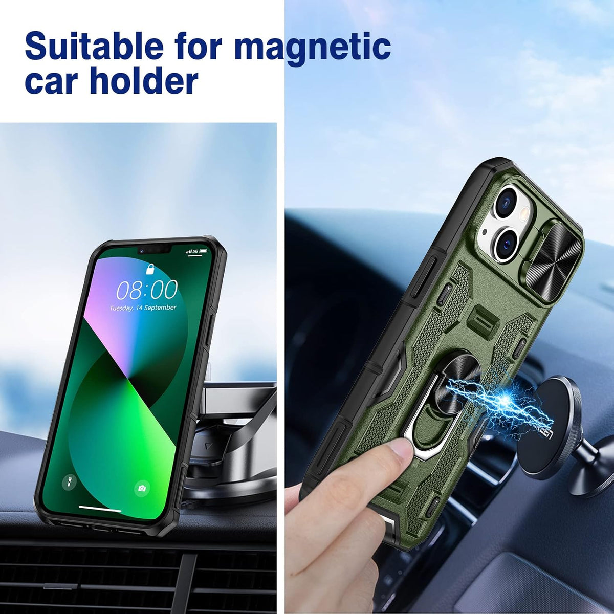 VEGO Funda para iPhone 13 con funda de clip para cinturón, cubierta deslizante para cámara y anillo magnético giratorio de 360°, soporte de grado militar, protección resistente para iPhone 13 de 6.1 pulgadas, color verde oscuro