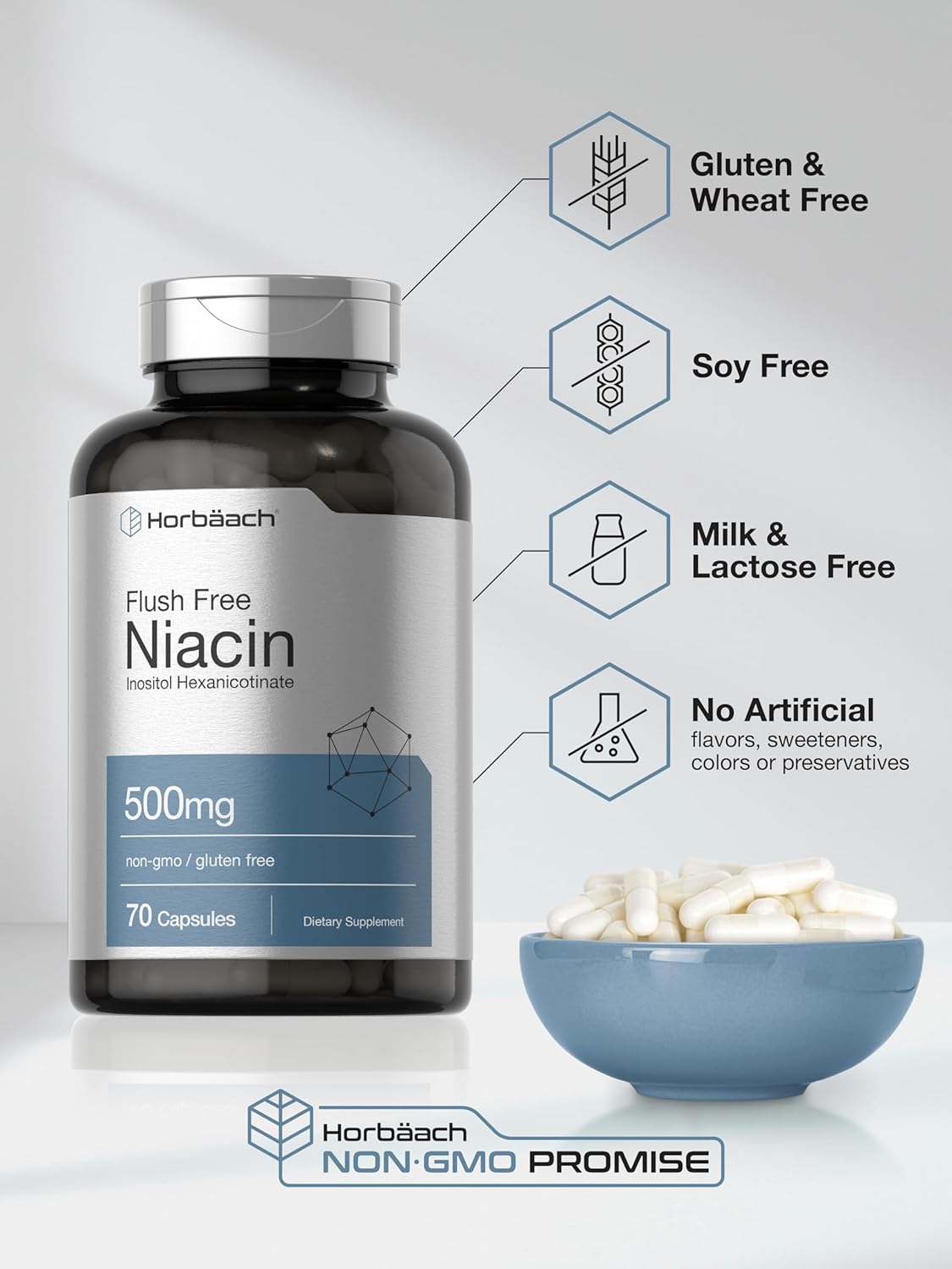 Niacina Horbaach 500 mg 70 Cápsulas Sin Flush Non-GMO