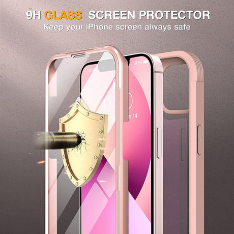 Miracase Funda compatible con iPhone 13 de 6.1 pulgadas, 2021, carcasa transparente de cristal de cuerpo completo con protector de pantalla de cristal templado de 9H incorporado para iPhone 13, color rosa