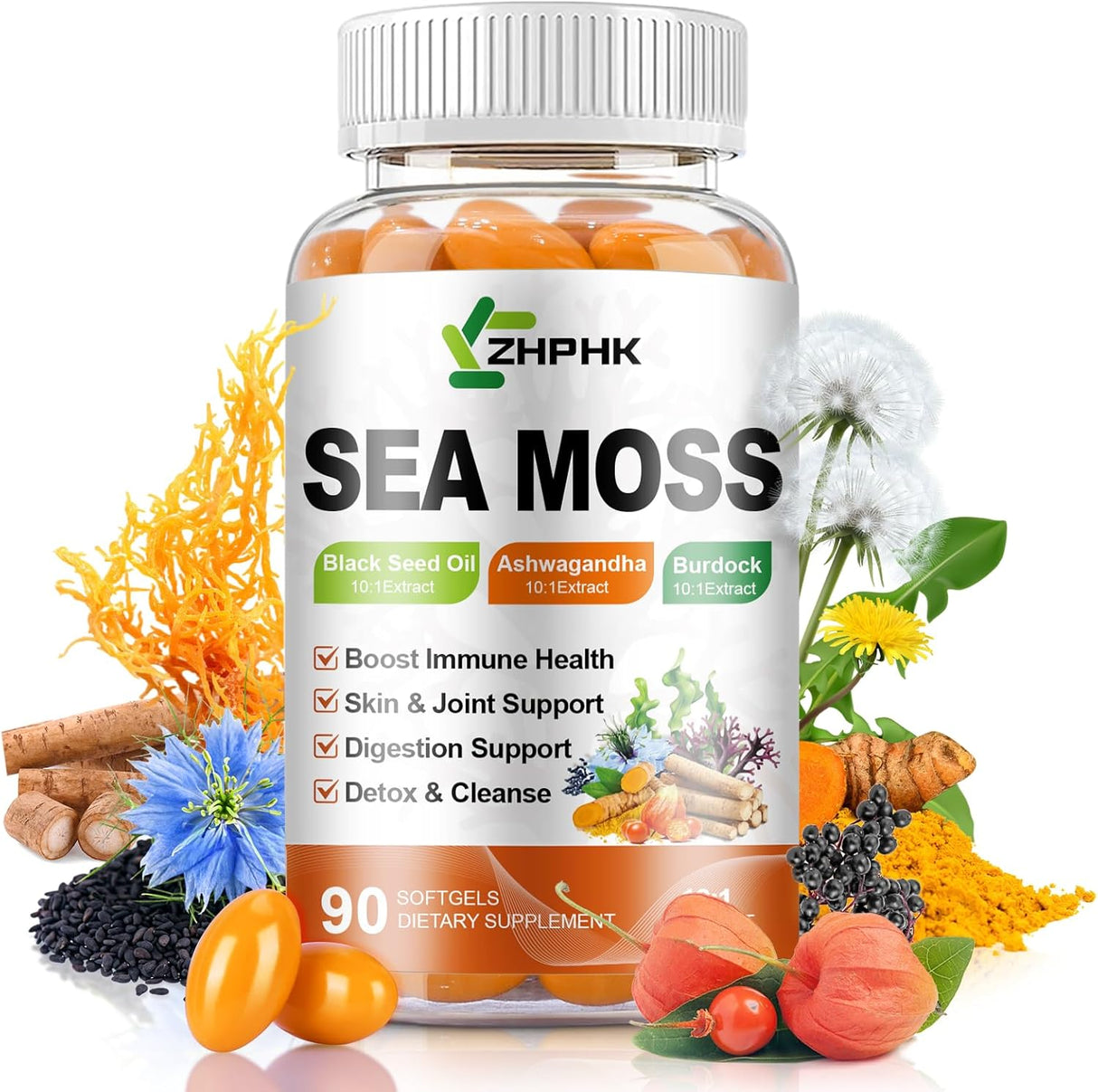 Sea Moss Softgels con Black Seed Oil y Hierbas, 90 cápsulas