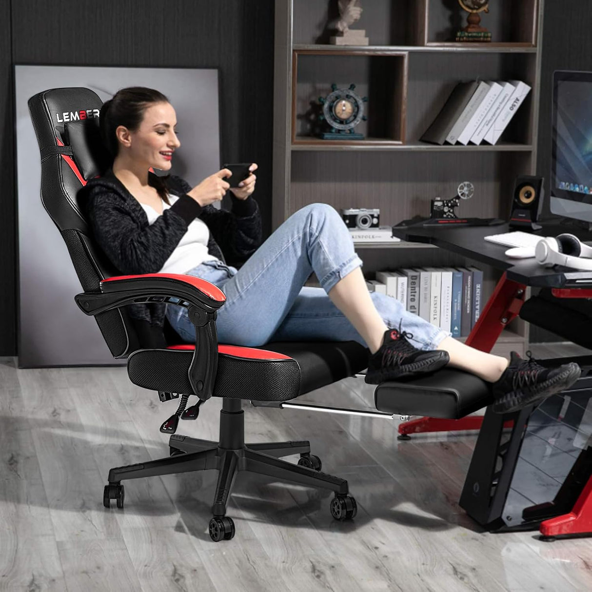 Silla de videojuegos con reposapiés, soporte lumbar y modelo Racing