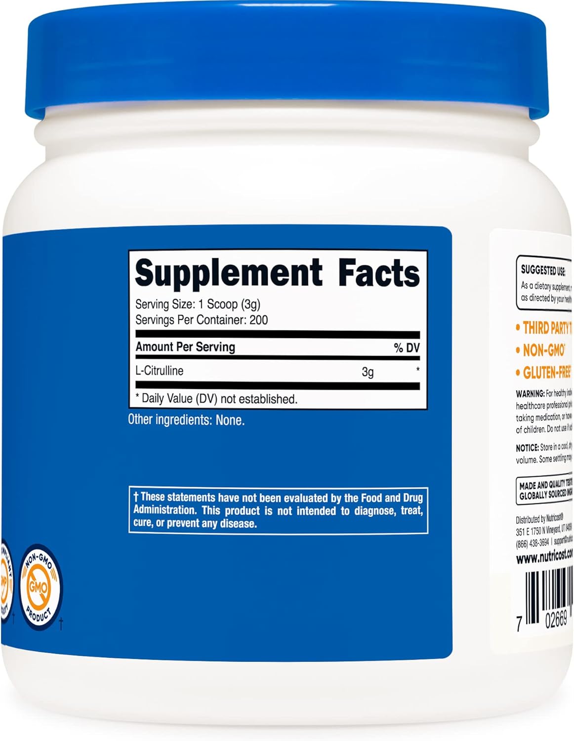 Suplemento Polvo puro de L-citrulina (base) 21.16 oz