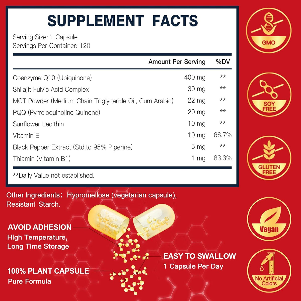 CoQ10 400mg con PQQ y Vit E para energía 120 cápsulas