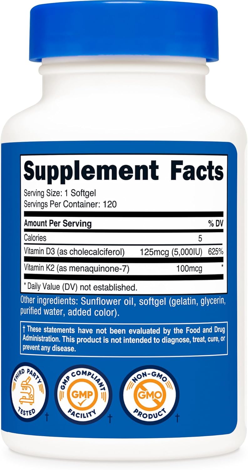 Nutricost K2 MK7+D3 120 Softgels Sin Gluten Non-GMO