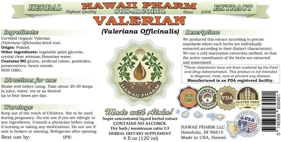 Extracto Líquido Sin Alcohol de Valeriana, Hawaii Pharm, 2 fl oz