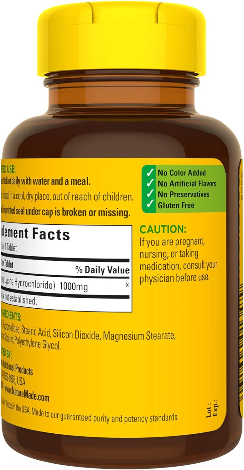 L-Lisina 1000 mg, Suplemento Dietético, Nature Made, 60 Tablas