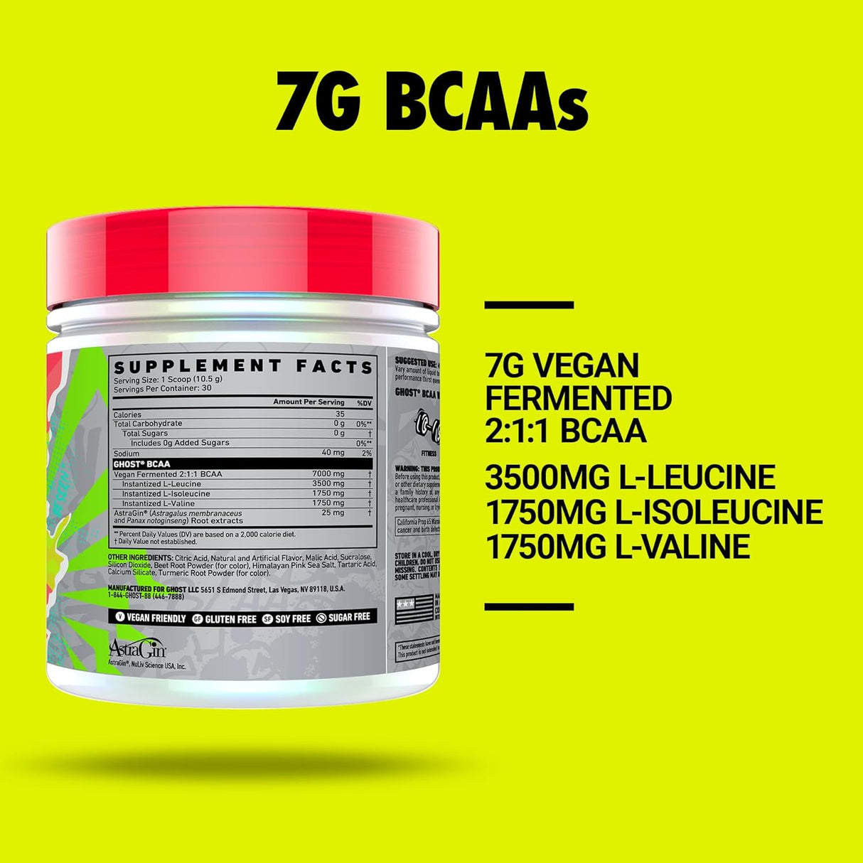 Suplemento de Aminoácidos GHOST BCAA, 30 Porciones, Kiwi Strawberry