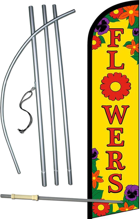 "Flowers" Kit completo de bandera de plumas sin viento - Incluye bandera de plumas sin viento de 12 pies, asta de bandera de 15 pies y espiga de tierra Y