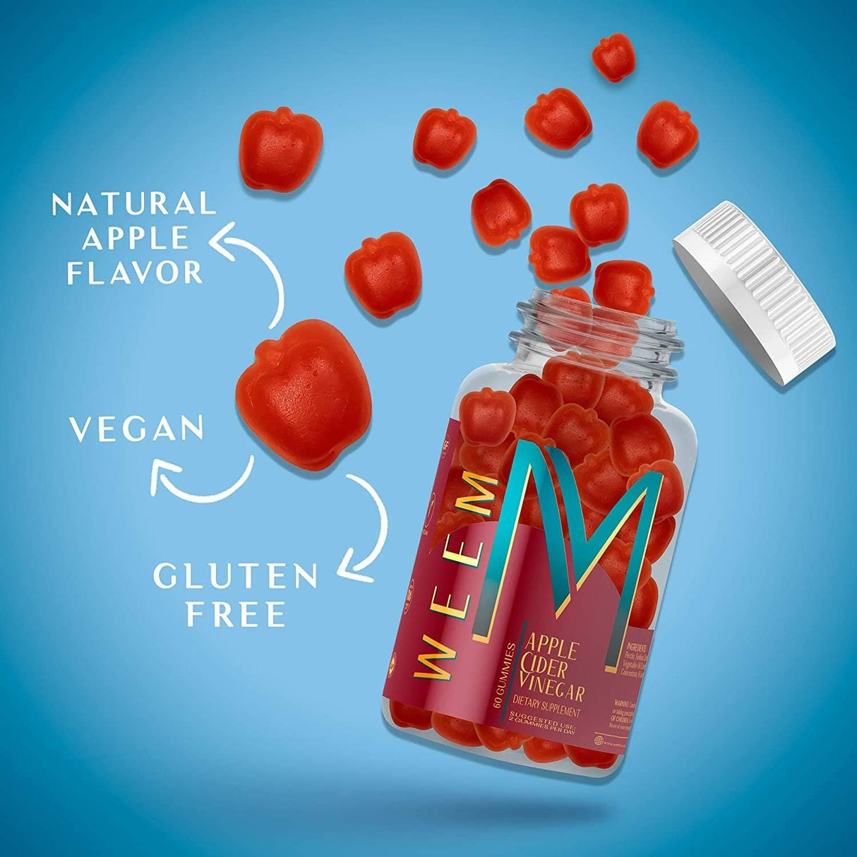 WEEM Gomitas de vinagre de sidra de manzana, natural, vegano con ácido fólico, sin gluten, vitamina B12, suplemento de desintoxicación y peso premium, ayuda a la digestión para mujeres y hombres