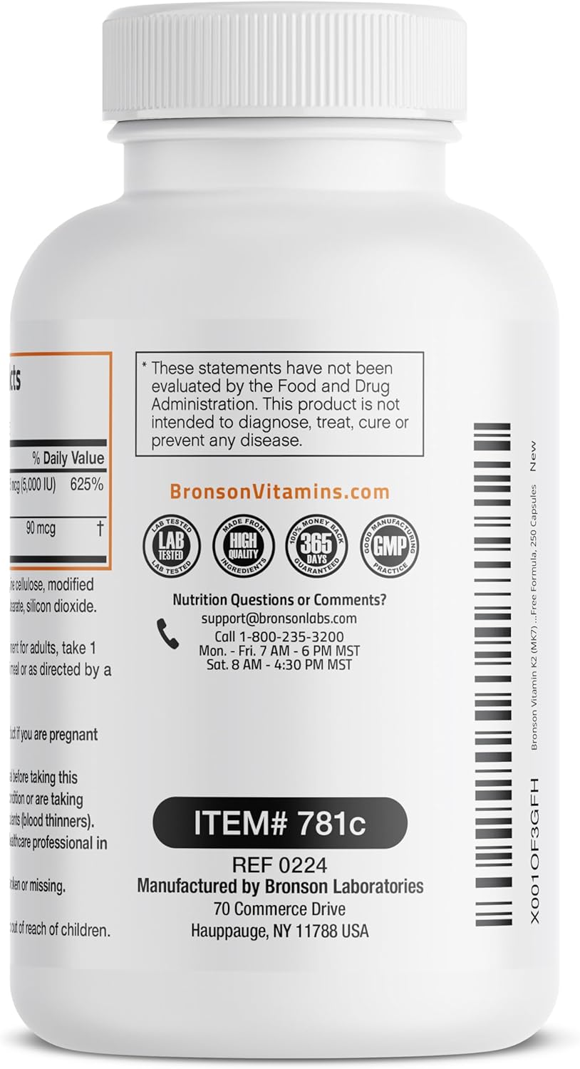 Suplemento de Vitamina K2 y D3, Bronson, 5000 IU, 250 Cápsulas