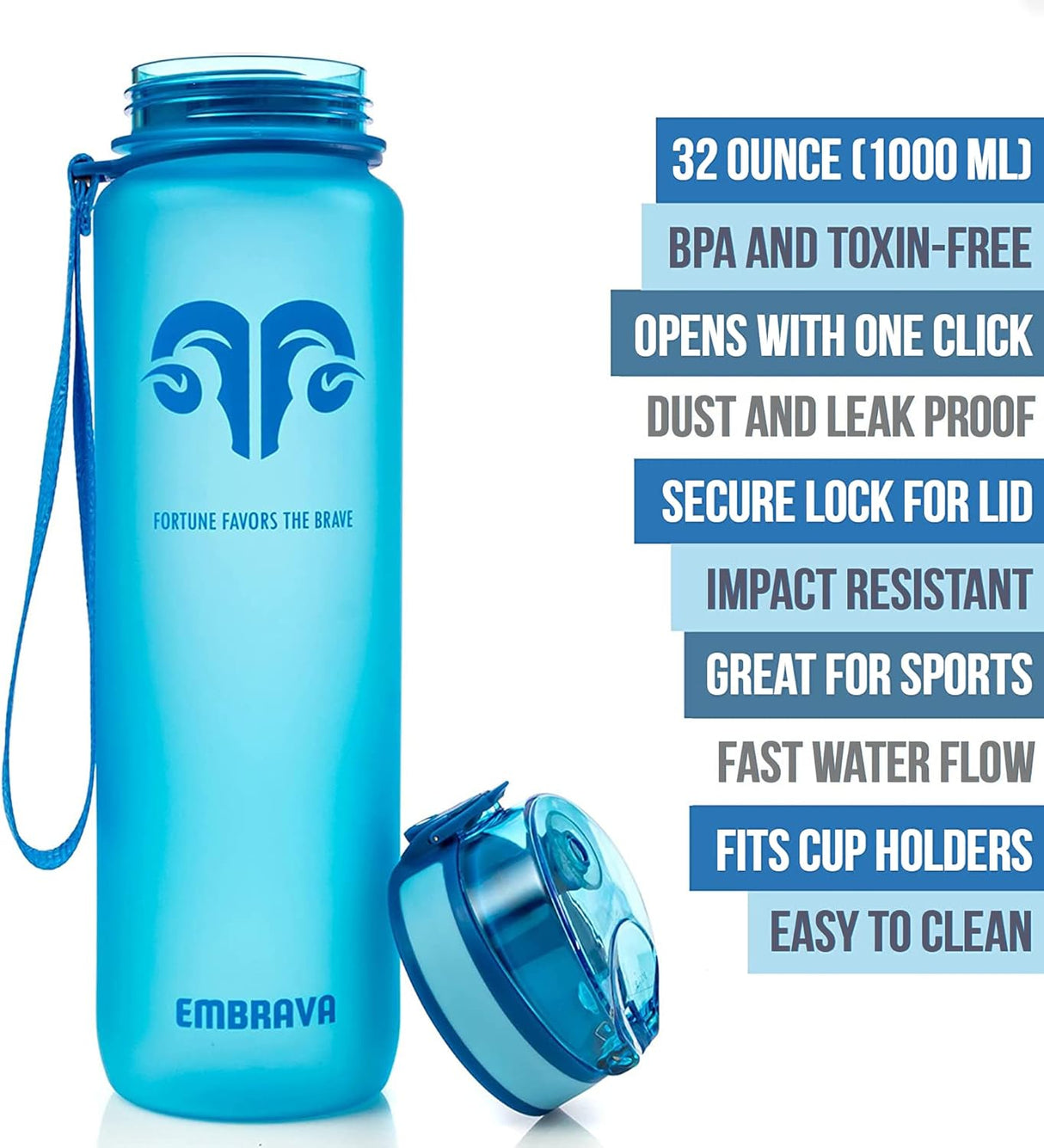 Embrava Best Sports Water Bottle - Botella de agua grande de 32 onzas, flujo rápido, tapa abatible a prueba de fugas con apertura de un clic, plástico no tóxico, sin BPA y ecológico, para hombres y mujeres