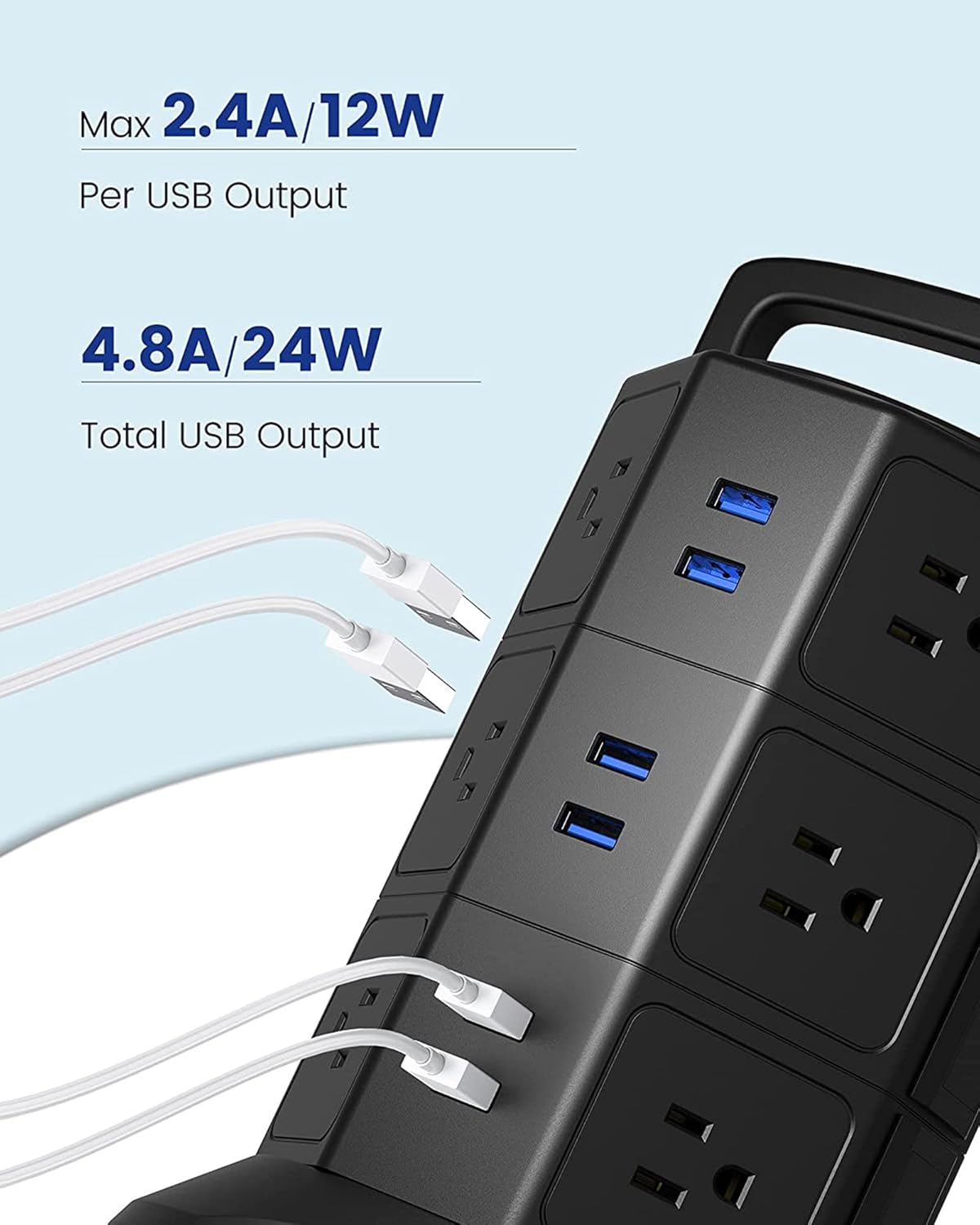 JACKYLED - Regleta de alimentación con protección contra sobretensiones, torre eléctrica de sobretensiones de 1625 W, 13 A, 12 tomas, 6 puertos USB, estación de carga con cable de extensión resistente