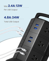 JACKYLED - Regleta de alimentación con protección contra sobretensiones, torre eléctrica de sobretensiones de 1625 W, 13 A, 12 tomas, 6 puertos USB, estación de carga con cable de extensión resistente