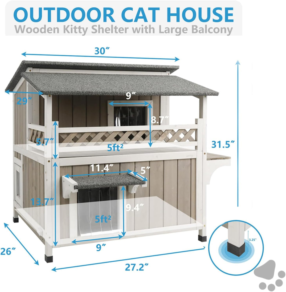 Casa de Gato Feral - Madera Resistente al Agua, Dos Pisos, Balcón