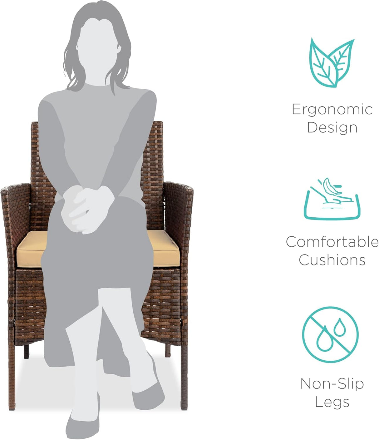 Best Choice Products Juego de 3 piezas de mimbre para exteriores, muebles de patio que ahorran espacio para patio, jardín con 2 sillas, 2 cojines, mesa de almacenamiento lateral, color marrón/bronceado