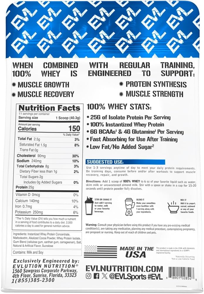 Proteína de Suero Evlution Nutrition 25g BCAAs 4g Glutamina 1LB