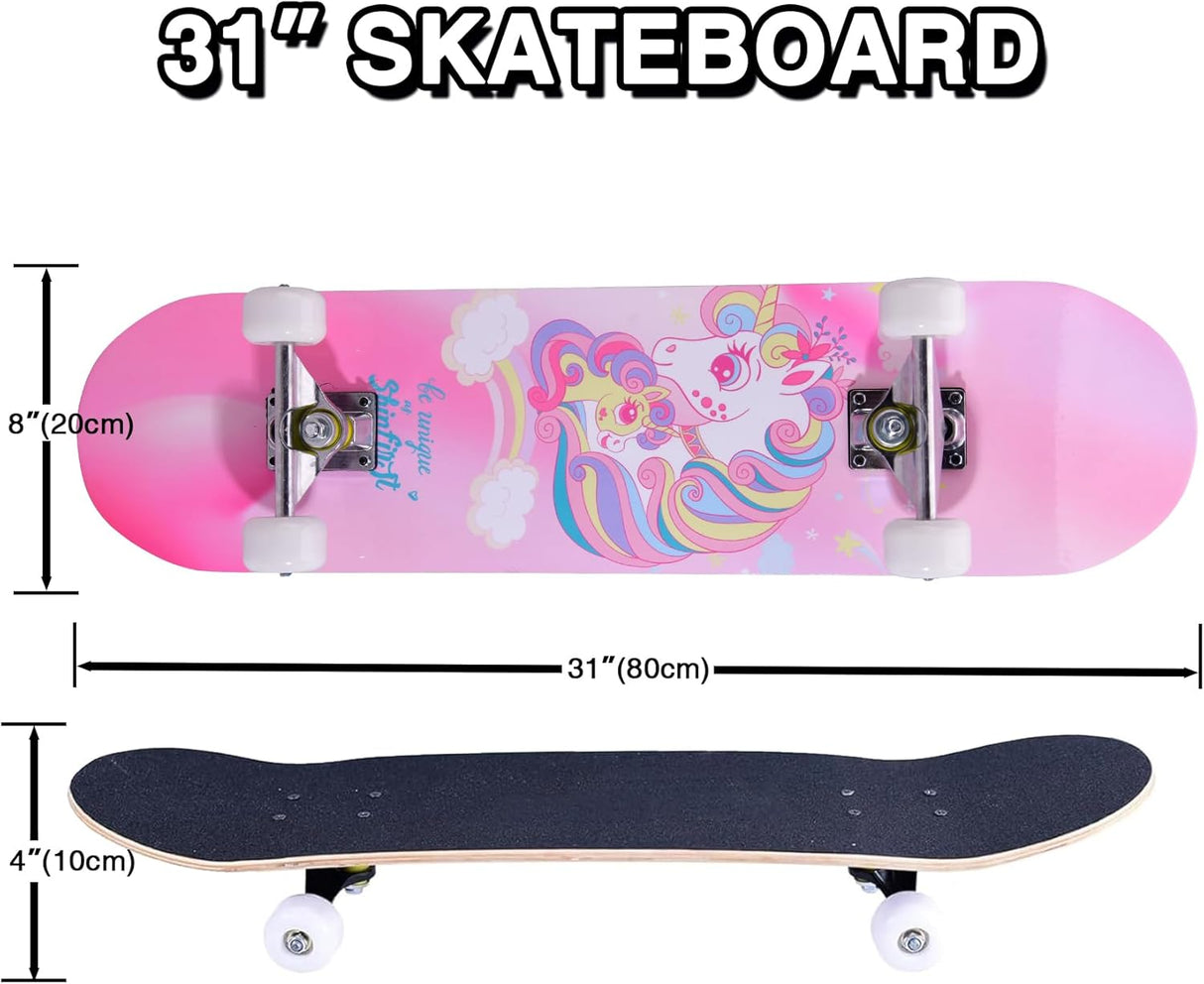 Patineta Completa de 31 Pulgadas con Diseño de Unicornio y Calavera