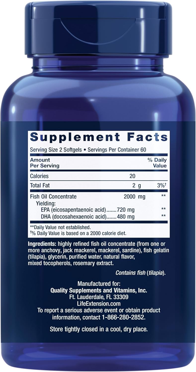 Mega EPA/DHA de Life Extension, Omega-3, Salud Cardiaca y Cerebral, 120 softgels