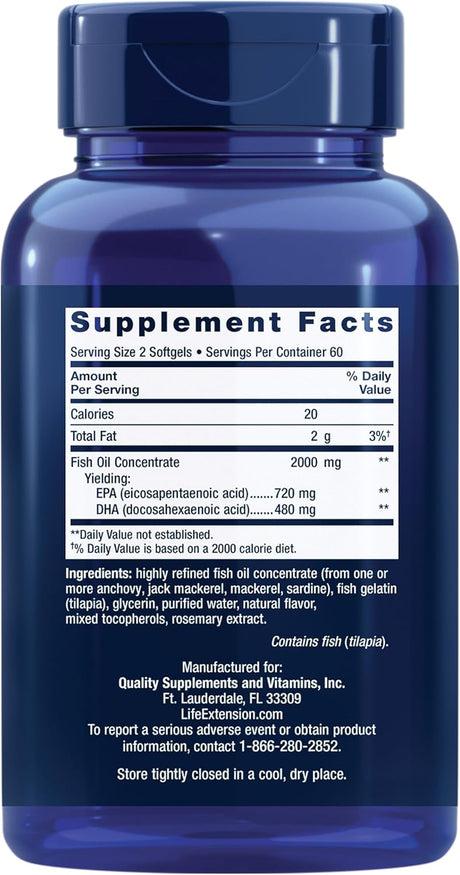 Mega EPA/DHA de Life Extension, Omega-3, Salud Cardiaca y Cerebral, 120 softgels