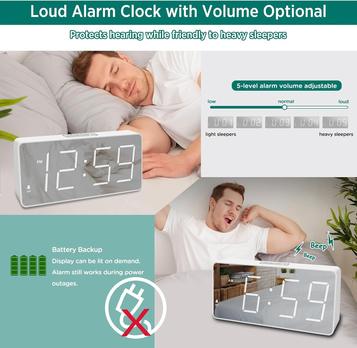 Reloj Digital con Alarma, Números Grandes, Respaldo de Batería