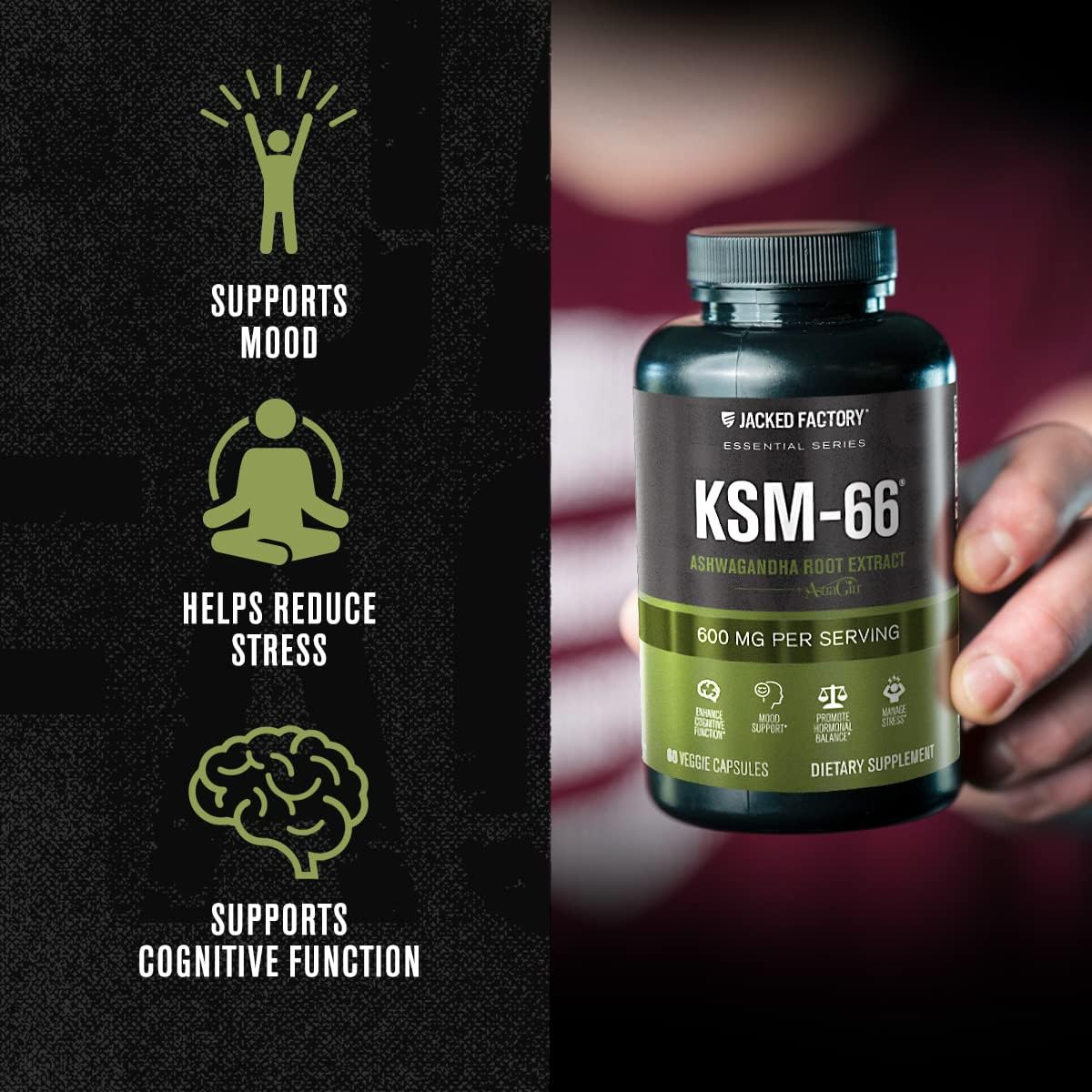 Extracto de Raíz de Ashwagandha, Jacked Factory, KSM-66, 60 Veggie
