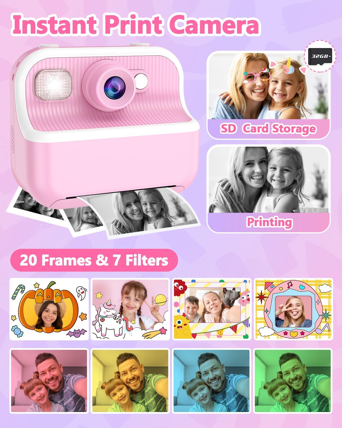Cámara Instantánea para Niños, 1080P, Incluye Papel y Tarjeta