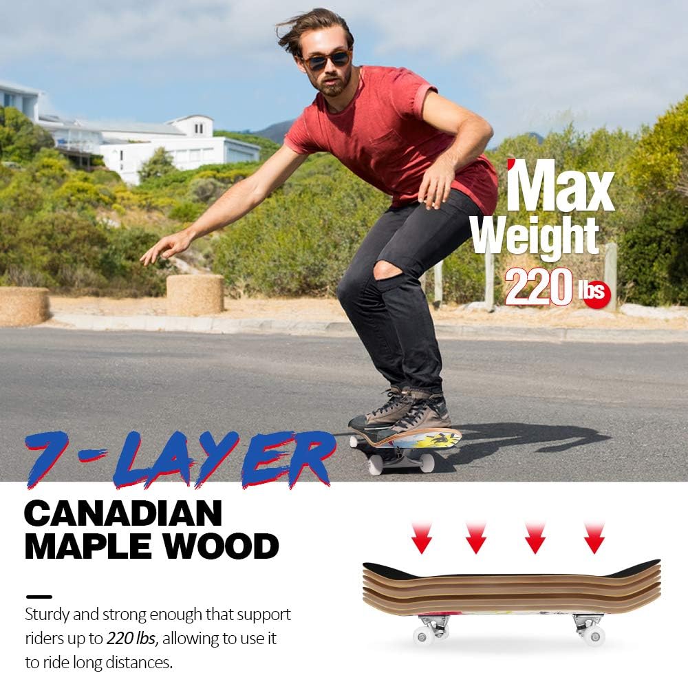 Patineta completa para principiantes, 31"x8", 7 capas, doble patada