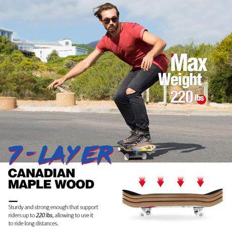 Patineta completa para principiantes, 31"x8", 7 capas, doble patada