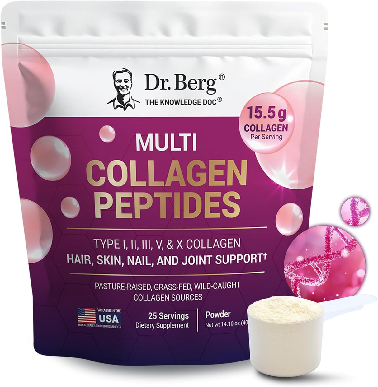 Colágeno en Polvo Dr. Berg Multi con 5 Tipos, 14g Proteínas