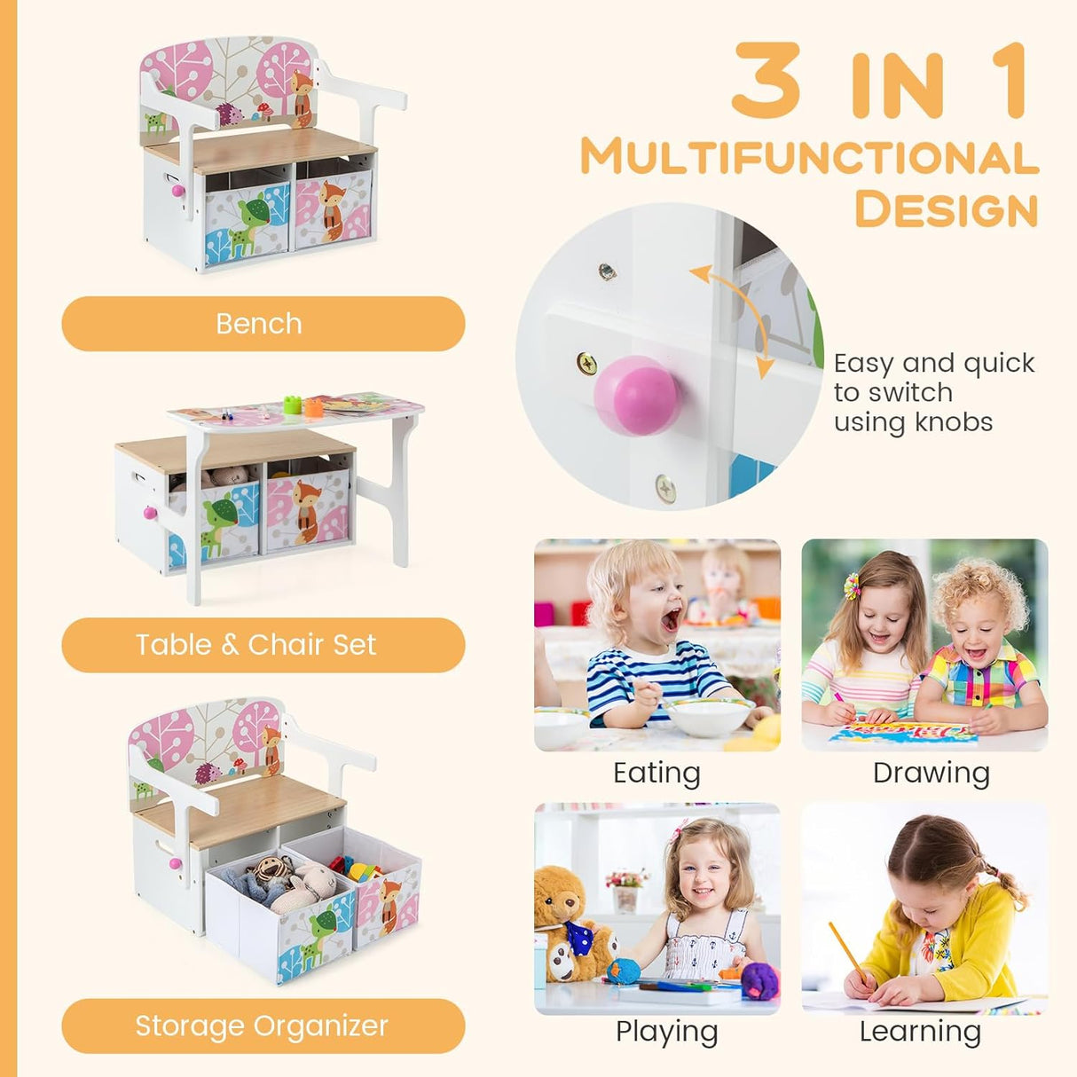 Costzon Juego de mesa y silla para niños con banco juguetes
