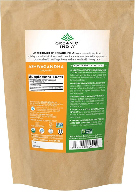 Suplemento ORGANIC INDIA Ashwagandha Powder vegano Kosher