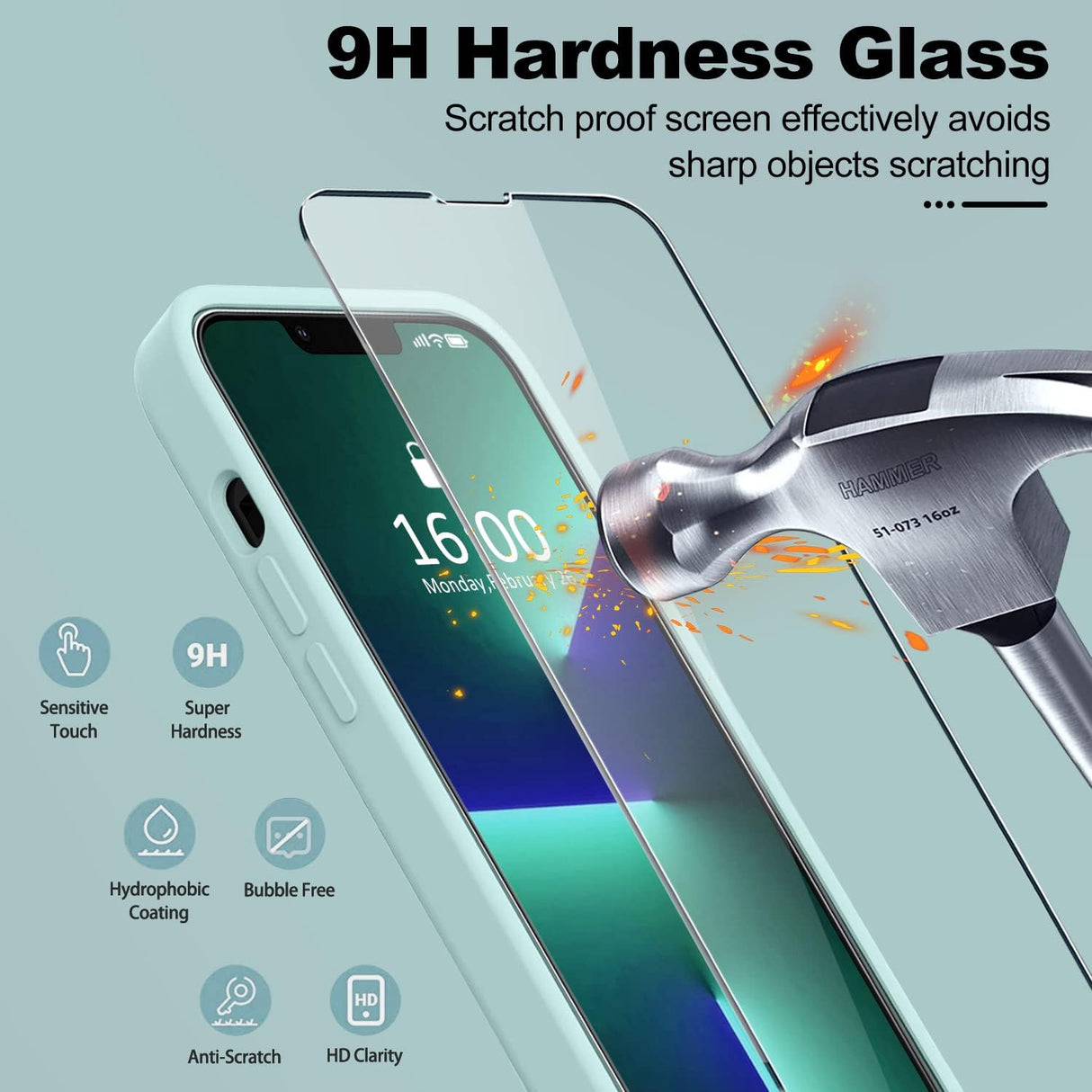 BossKiss Funda compatible con iPhone 13 Pro Max, funda de silicona líquida de alta calidad [tacto aterciopelado] [2 protectores de pantalla de vidrio templado 9H], funda de kit de protección completa a prueba de golpes, color menta
