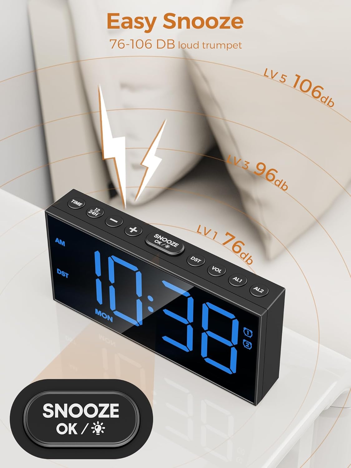 Reloj Despertador Digital para Dormir Profundo, 2 Alarmas, USB
