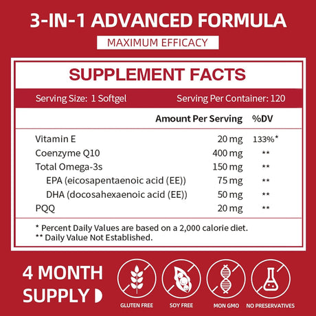 CoQ10 400mg con PQQ y Omega 3, 120 cápsulas
