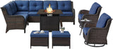 Belord Juego de sofá seccional para exteriores con mesa para fogata de propano, juego de conversación de mimbre para patio con 2 sillas giratorias mecedoras, cojín azul, perfecto para reuniones