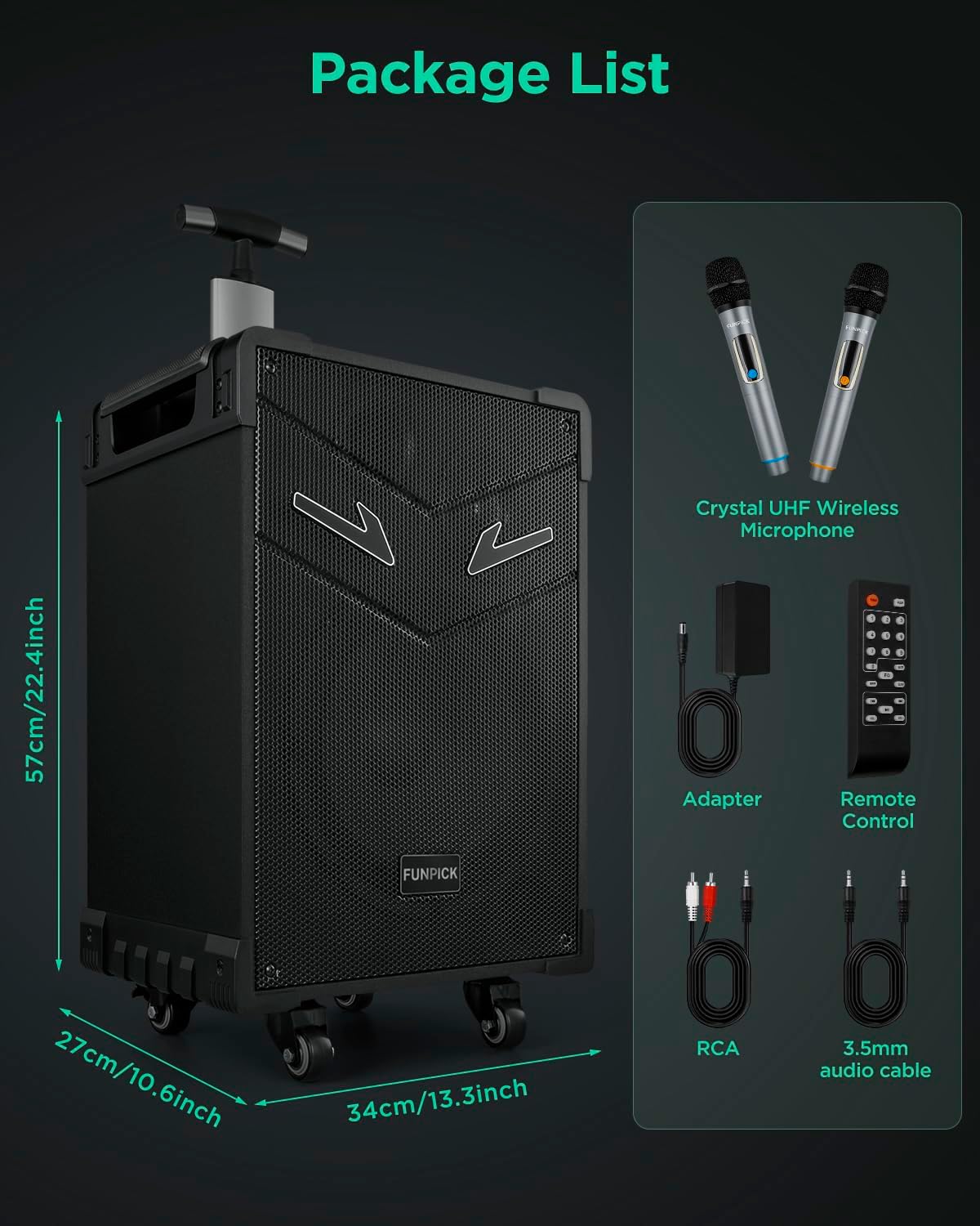 Sistema PA Trolley 3-Way, Micrófonos Inalámbricos, 10 Subwoofer