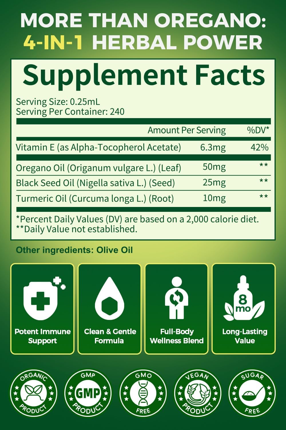 Aceite de Orégano Orgánico 80% Carvacrol con Semilla Negra, Cúrcuma y Vitamina E - Apoyo Inmunológico, Respiratorio y Digestivo - Vegano, Sin Azúcar, No GMO, 8 meses, 2 oz