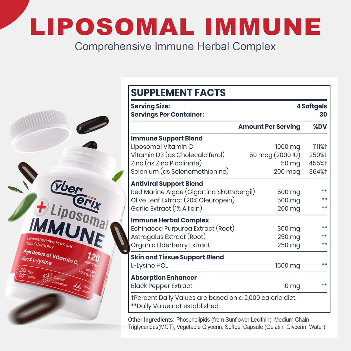 Suplemento Inmunológico Avanzado, 1500mg L-Lisina, 120 Cápsulas