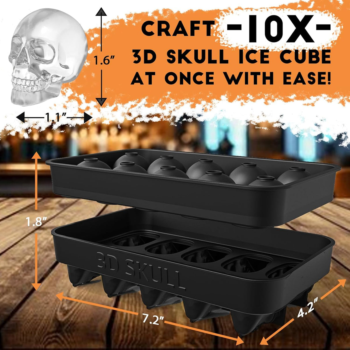 Molde de Hielo Calavera 3D, BPA-Free, 10 Cavidades, Halloween