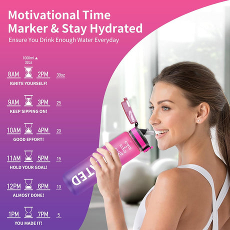 Botella de agua con pajilla, motivacional, con marcador de tiempo, de plástico Tritan, 32 onzas o 1 litro, sin BPA, deportiva, con correa de transporte, a prueba de fugas, unisex, para