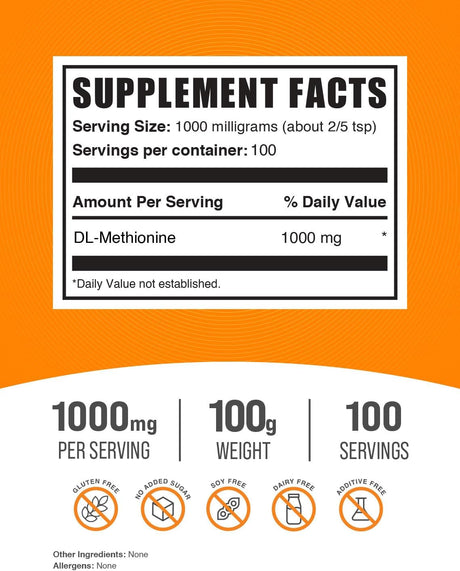 Suplemento BULKSUPPLEMENTS.COM DL-metionina en polvo  100 gr