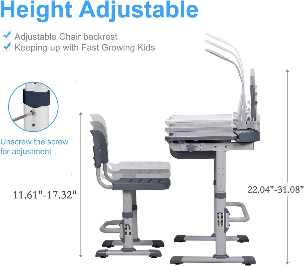 Escritorio y Silla Ajustables para Niños con Luz LED y Cajón