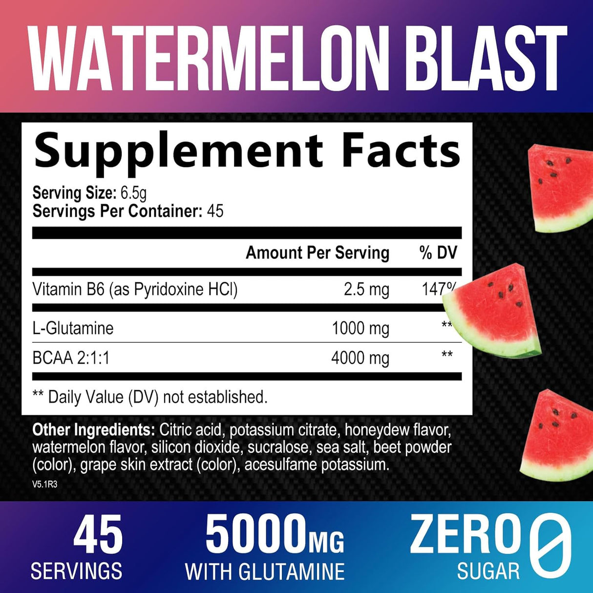 Suplemento de recuperación muscular con BCAA, L-Glutamina, aminoácidos, 45 porciones