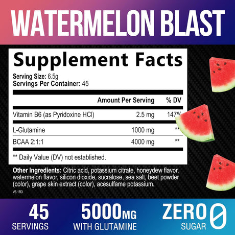 Suplemento de recuperación muscular con BCAA, L-Glutamina, aminoácidos, 45 porciones