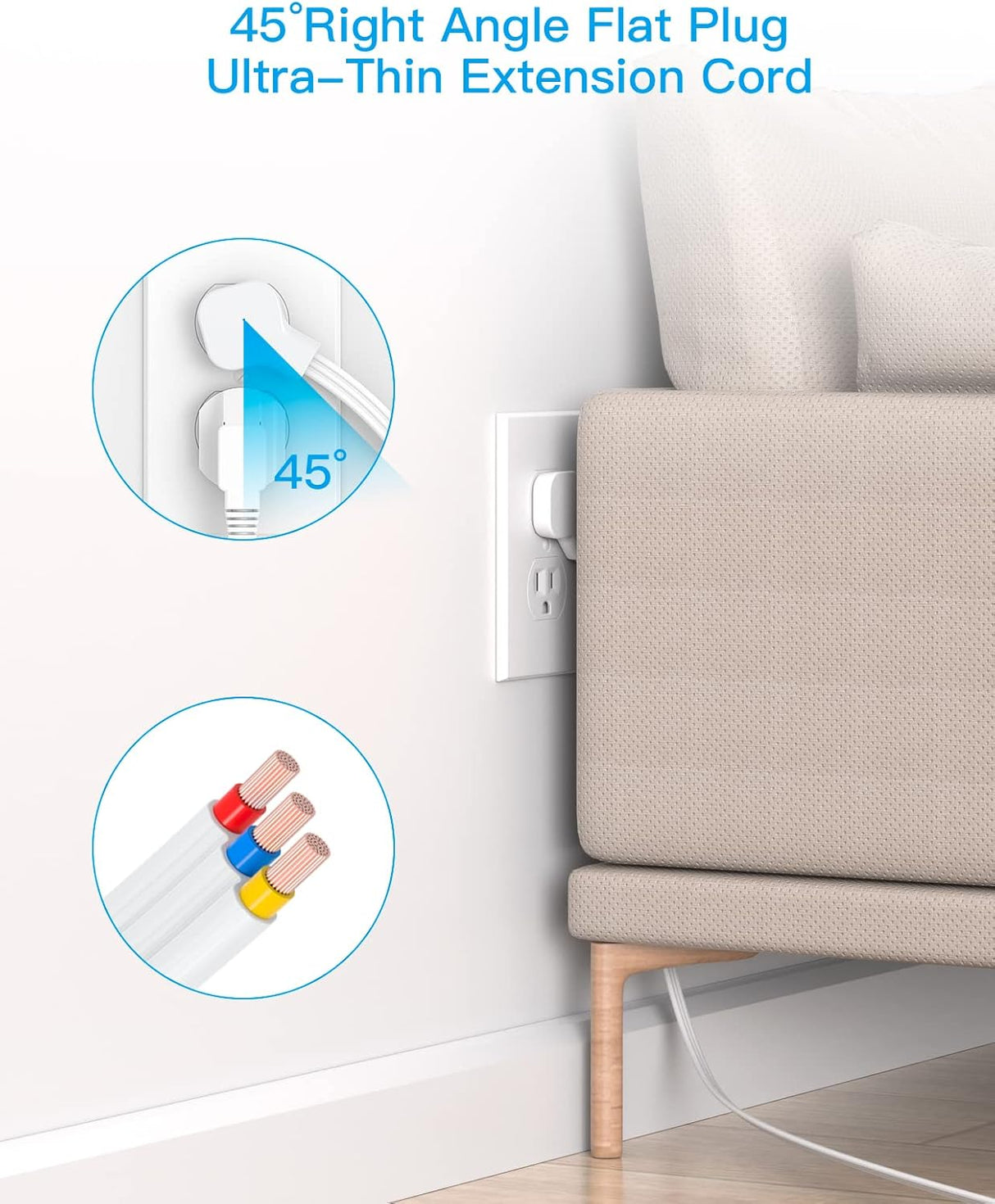 Regleta de alimentación de enchufe plano, cable de extensión