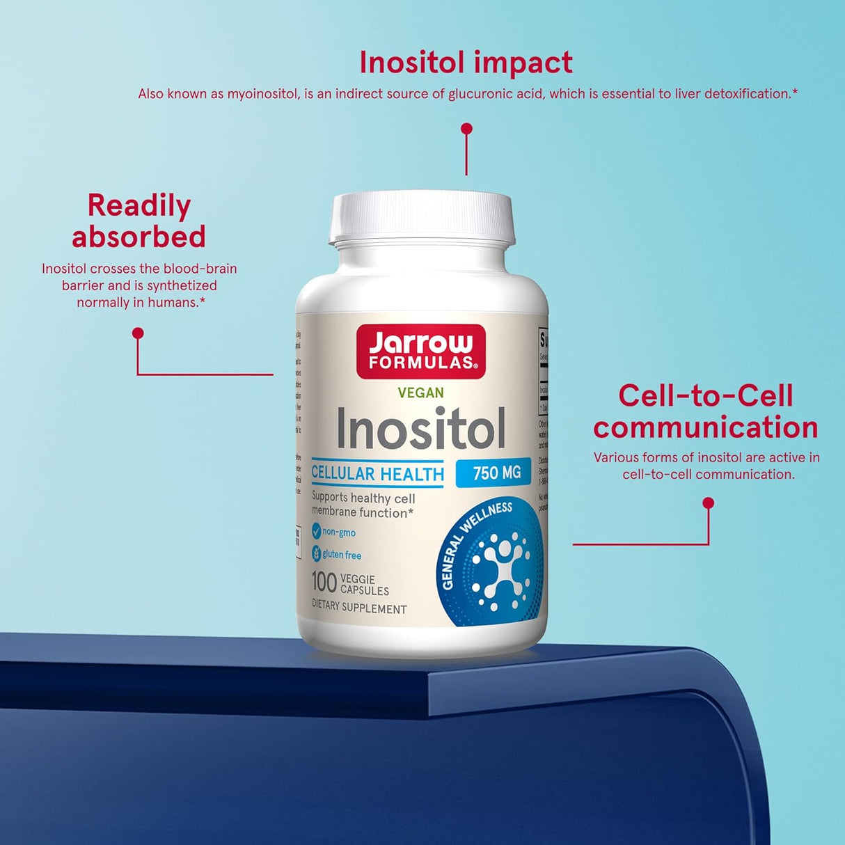 Jarrow Formulas Inositol 750 mg - 100 cápsulas vegetales - Apoyo hepático - Útil para el funcionamiento nervioso y el metabolismo de la grasa - 100 porciones