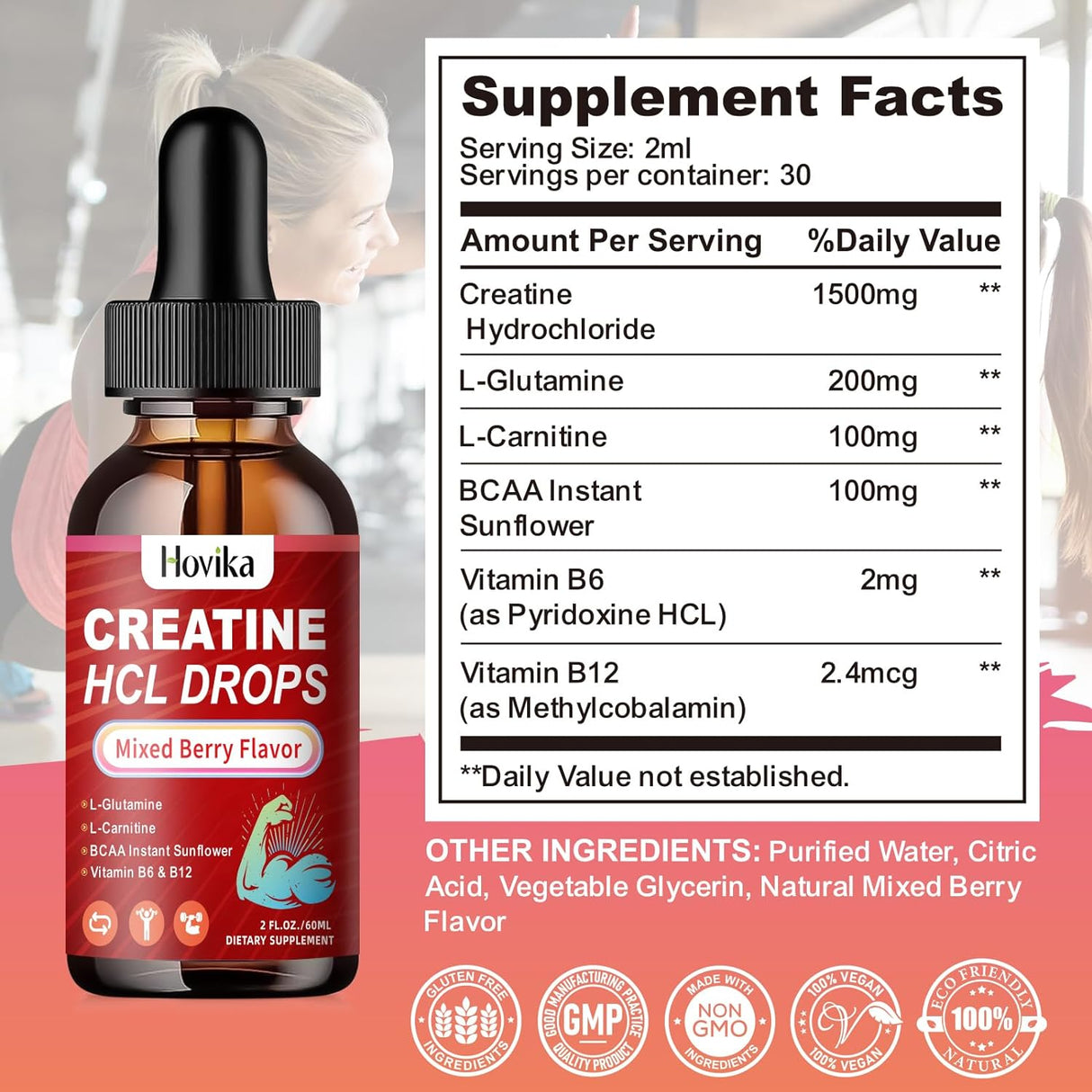 Creatine HCL Liquid Drops for Men &amp; Women, Creatine Hydrochloride with L-Carnitine, L-Glutamine, BCAA, Vitamin B12 &amp; B6 for Muscle Growth &amp; Recovery-Vegan, Mixed Berry Flavor Flavor, 2 Fl Oz