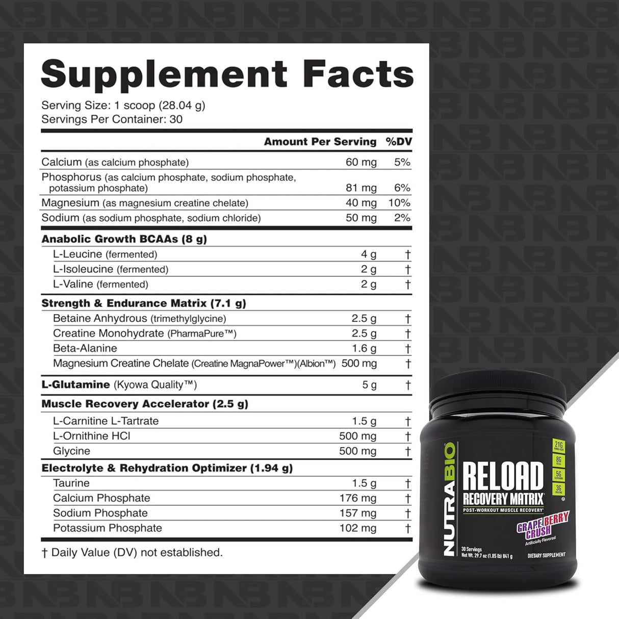 NutraBio Reload Suplemento de Recuperación Muscular 30 Serv.