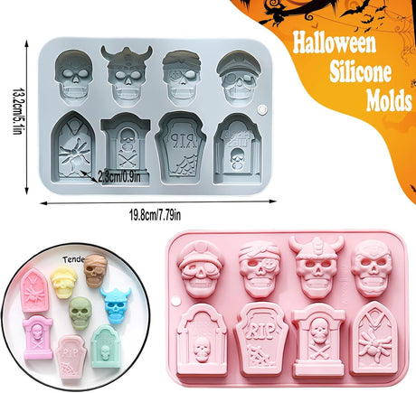 Moldes de Silicona Halloween Skull, 2PCS, 8 Cavidades, Food Grade